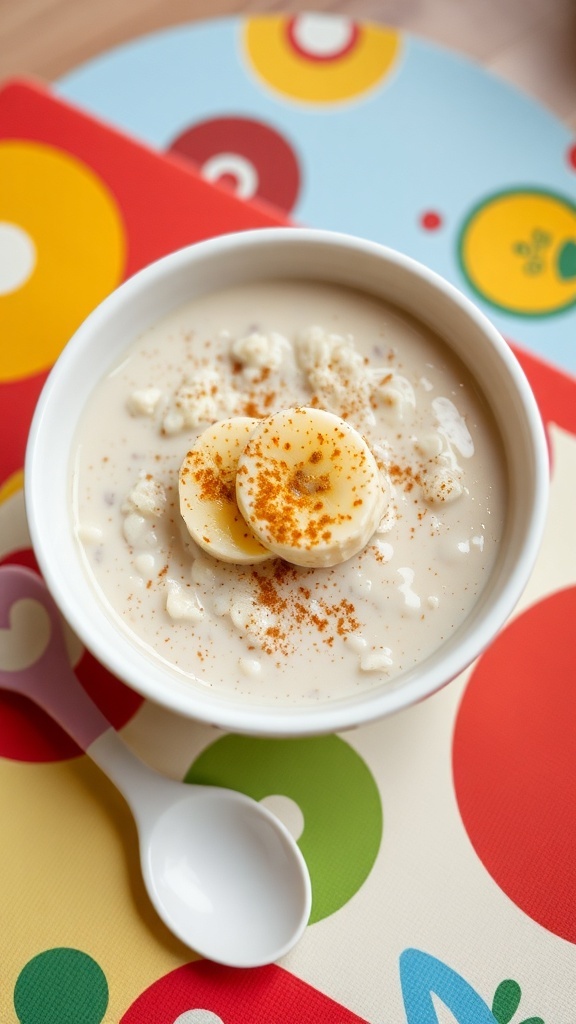 A bowl of oatmeal for babies, topped with banana and cinnamon, on a bright baby mat.